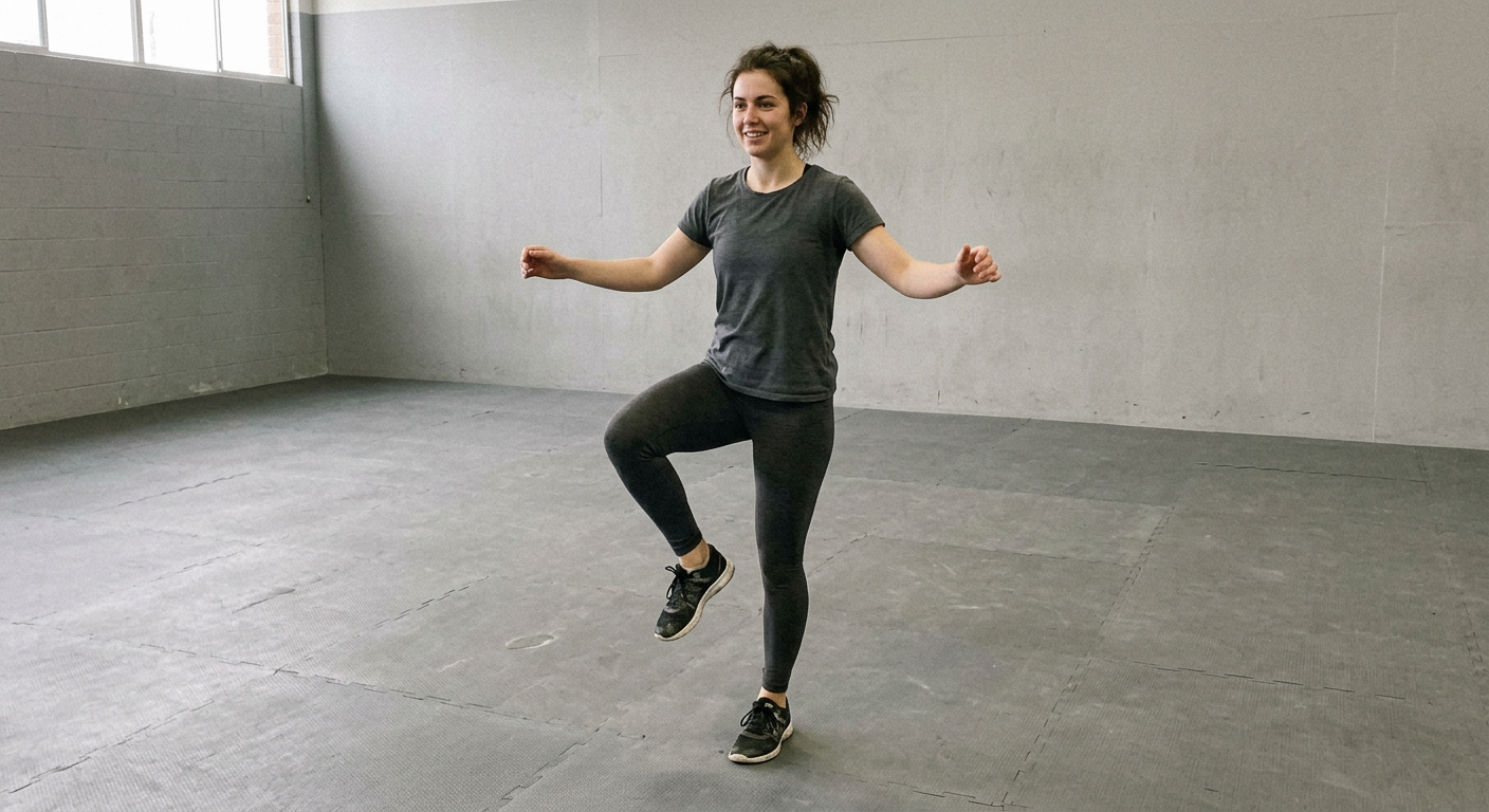Sample clip still of a person balancing on one leg, full body in frame, third-person view