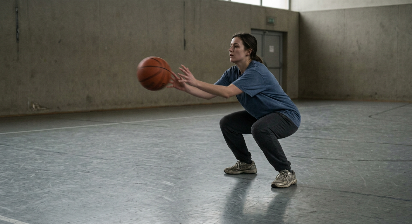 Sample clip still of a person catching a ball, full body in frame, third-person view