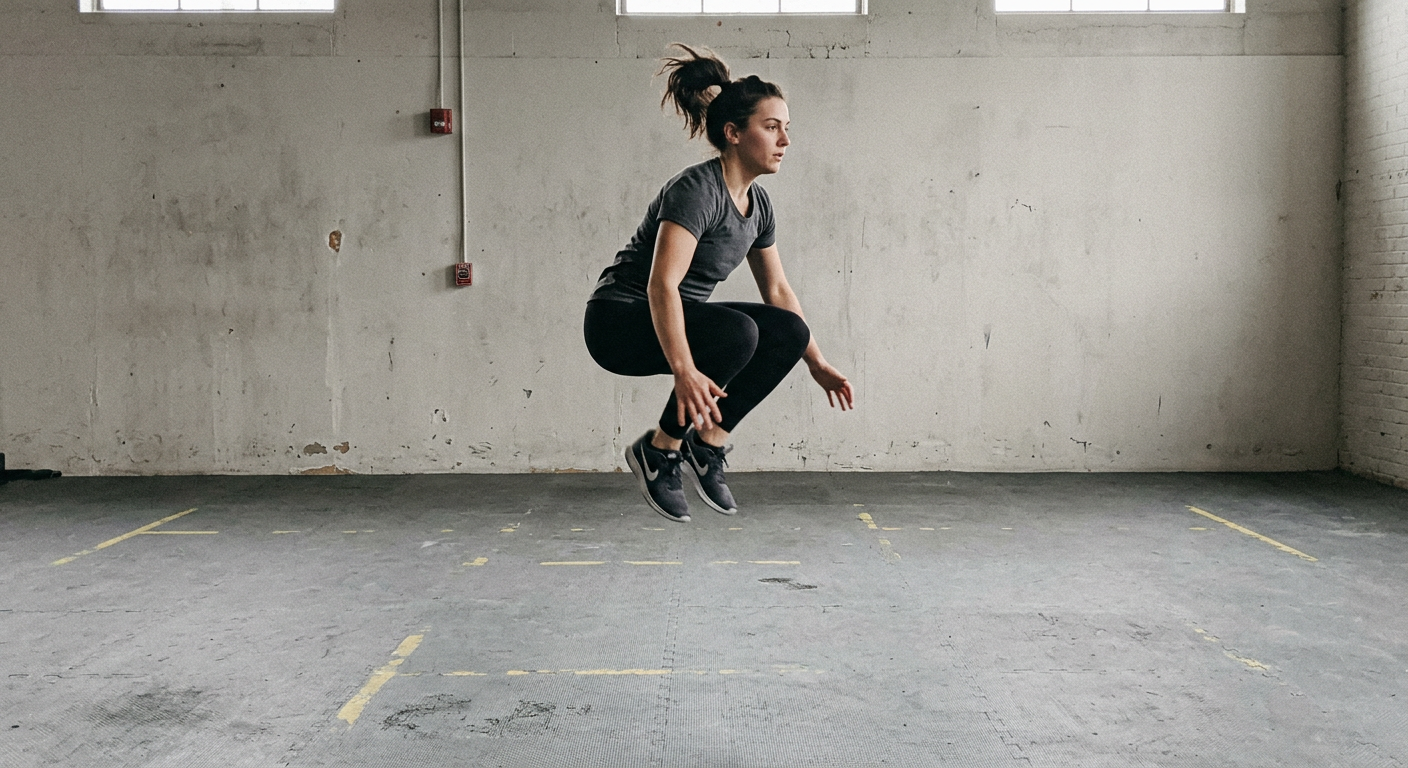 Sample clip still of a person mid-jump, full body in frame, third-person view