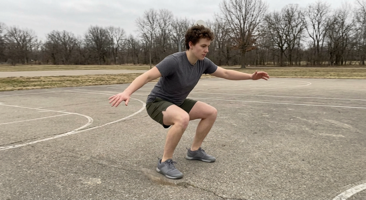 Sample clip still of a person landing from a jump, full body in frame, third-person view