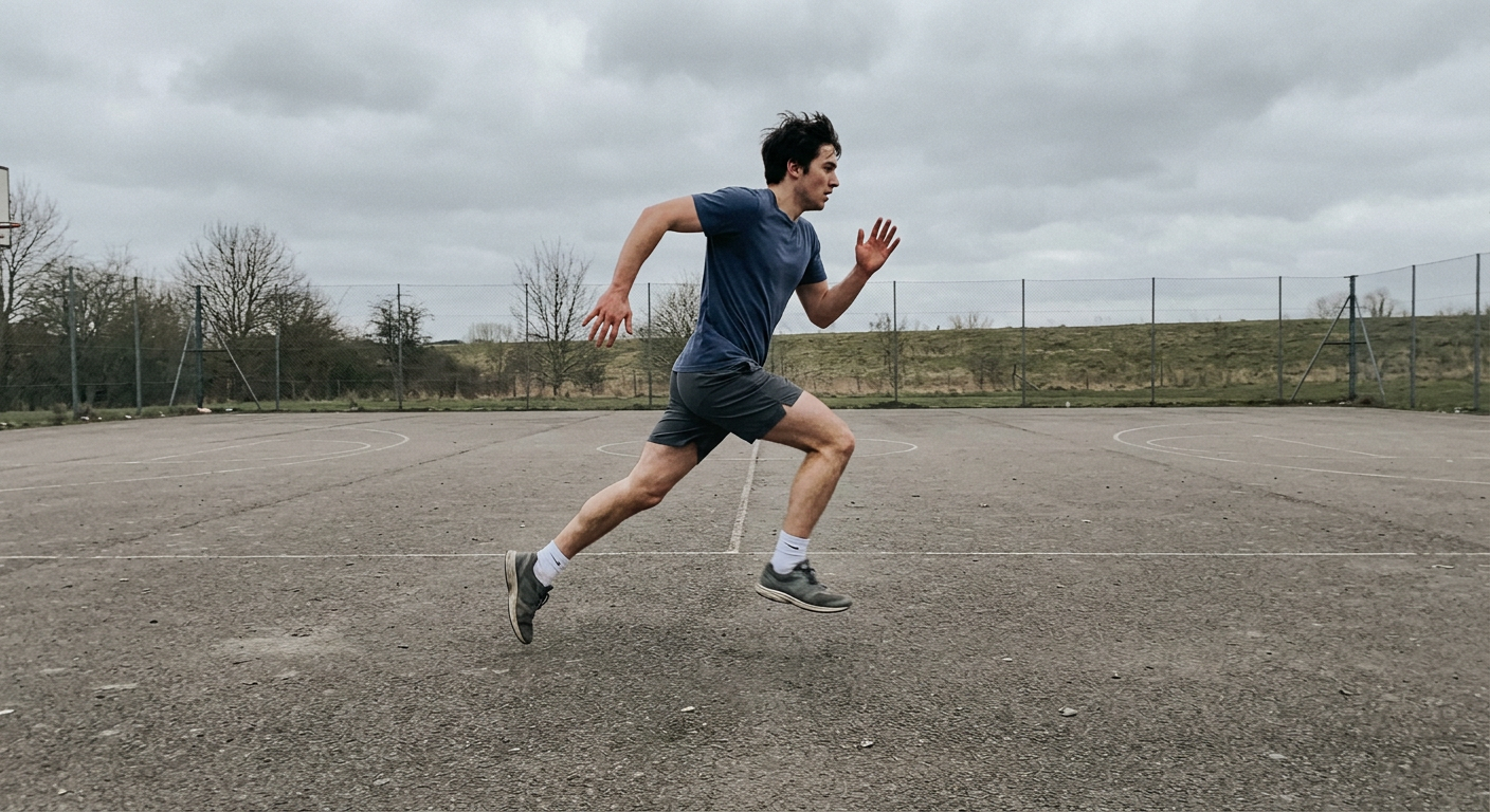 Sample clip still of a person sprinting, full body in frame, third-person view