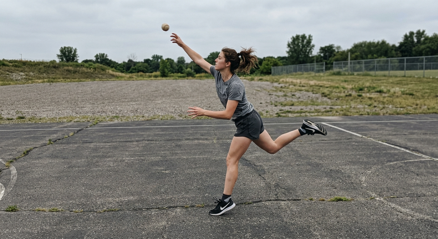 Sample clip still of a person throwing a ball overhand, full body in frame, third-person view